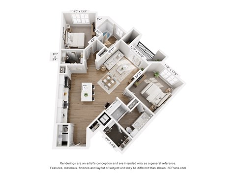 Floor plan for 2 beds, 2 baths, 1178 sqft